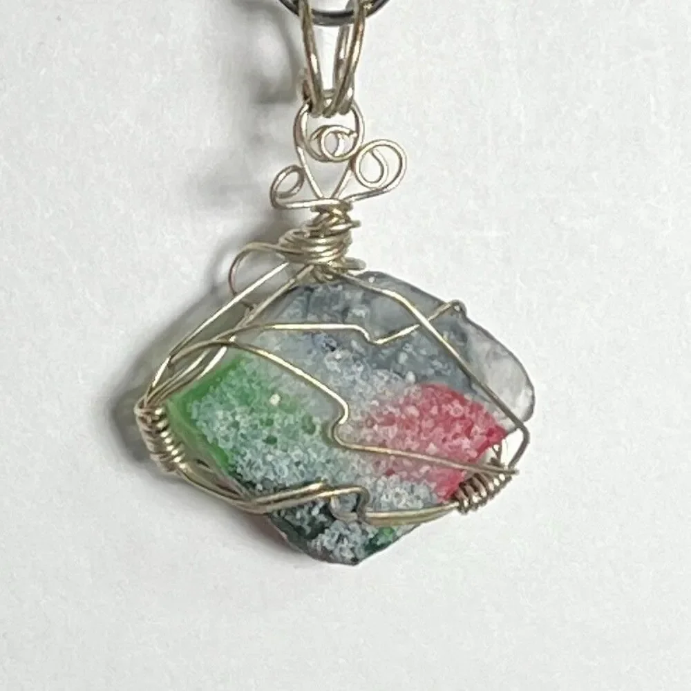 Silver Tone Wire Wrap Pendant Multicolor Imitation Stone Rock Unique Boho Chic